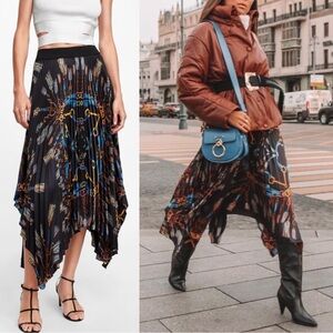 ZARA BLOGGER FAVE Black Blue Chain Scarf Printed Pleated Asymmetrical Midi Skirt